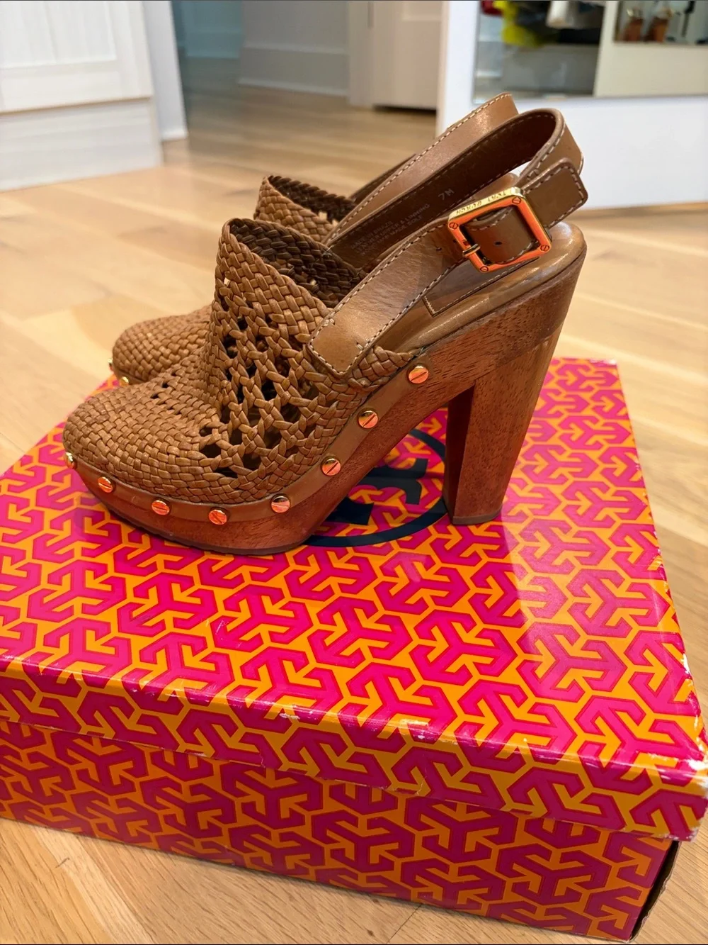 Tory Burch Brown Woven Slingback Clogs